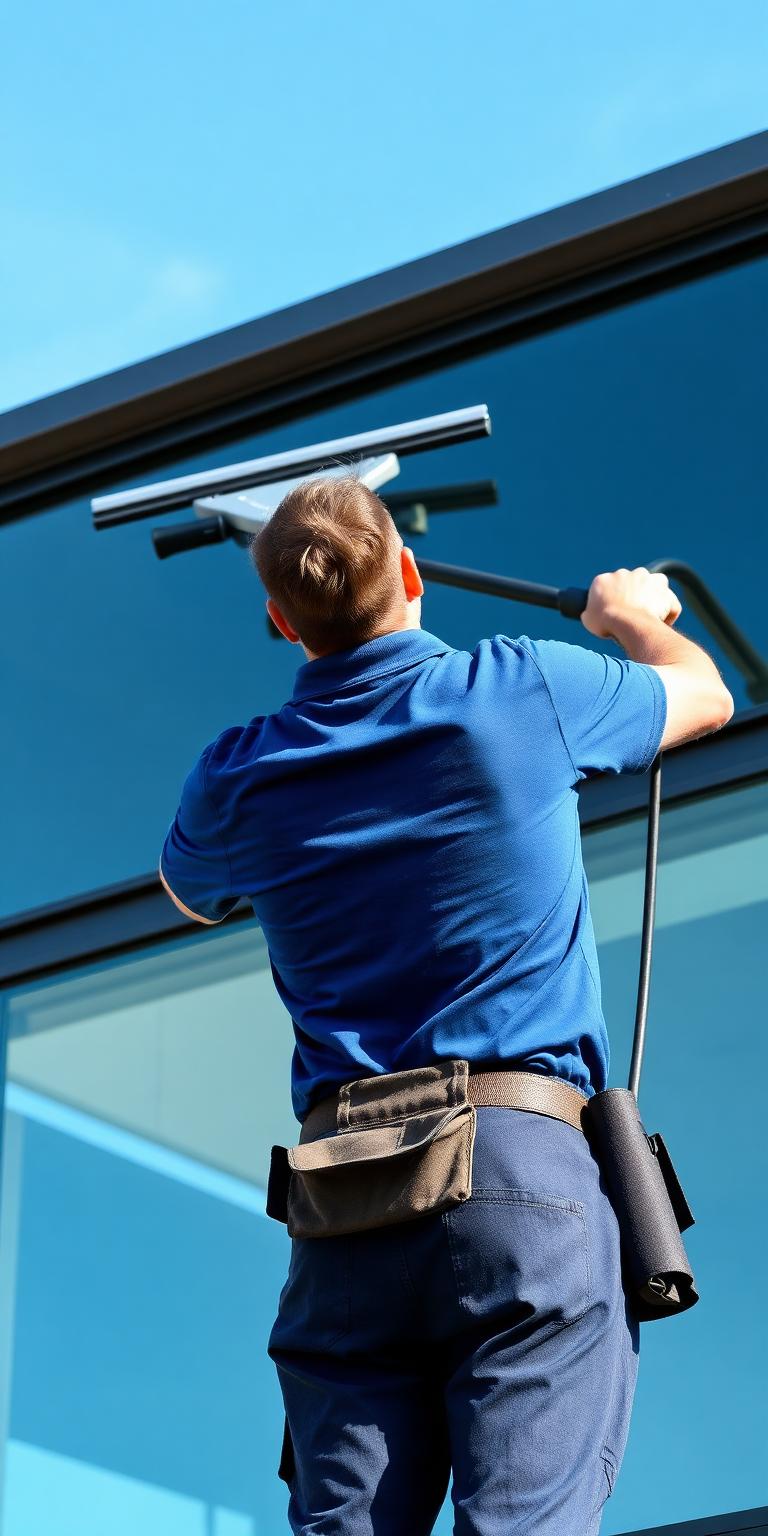Professional window cleaner washing a large glass window with a squeegee